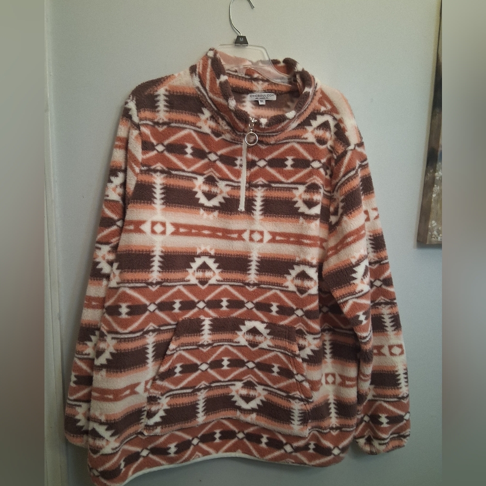 Women's Fleece Aztec Geometric 1/4 Zip Pullover Sweater Brown Mock Neck